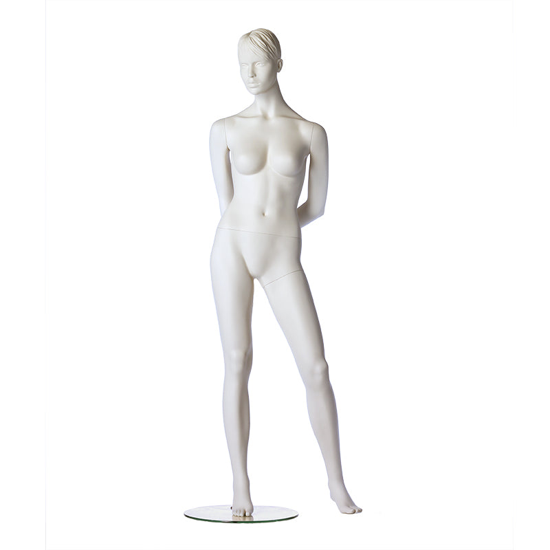 Stylised female mannequin from Hindsgaul in a standing pose with arms behind back.
