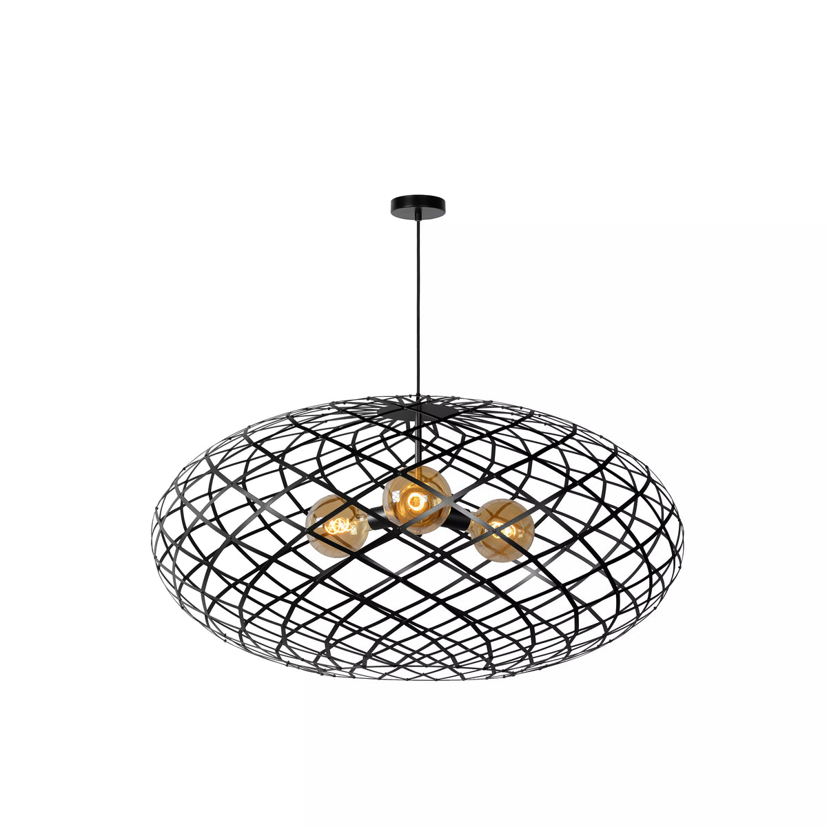 WOLFRAM - Pendant light - Ø 100 cm - 3xE27 - Suitable for double-height spaces and high ceiling - Black - LUCIDE