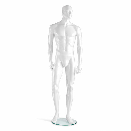 Male mannequin LIAM by Hindsgaul – retail display mannequin in highgloss white with arms by the sides.