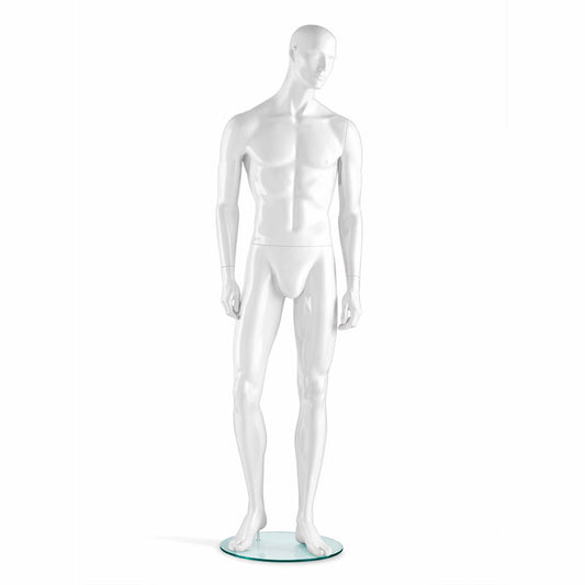 Male mannequin LIAM by Hindsgaul – retail display mannequin in highgloss white with arms by the sides.
