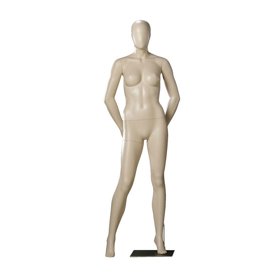 Female mannequin from Darrol with abstract head in a neutral pose and arms behinf back.