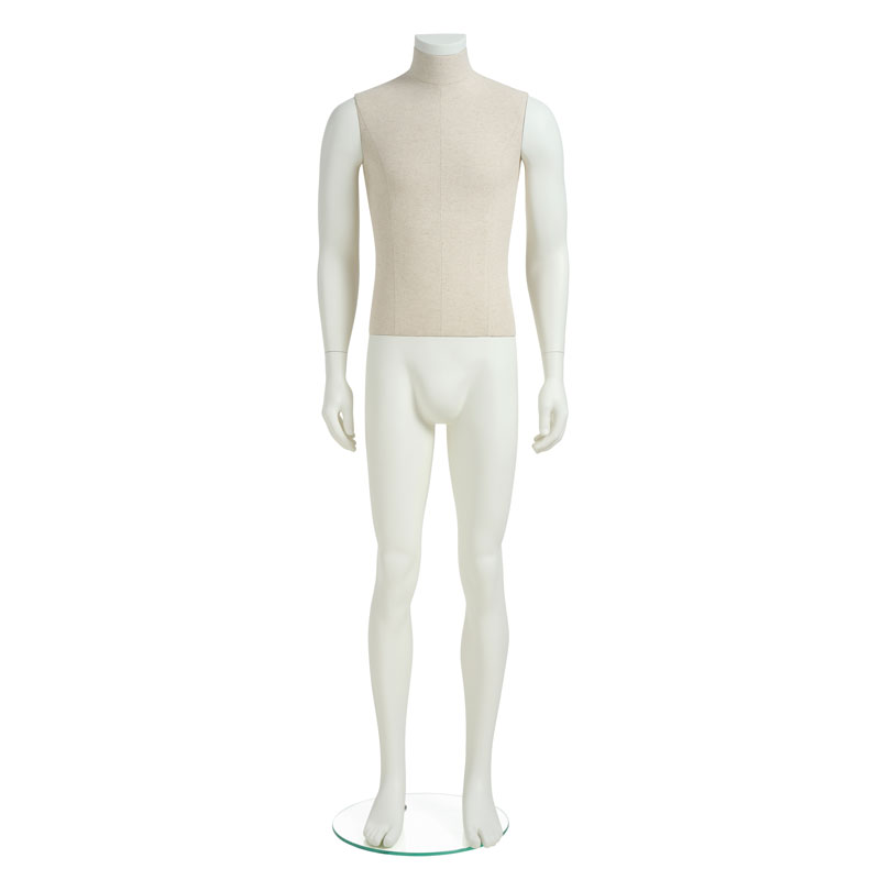 PLENTY male mannequin with white arms and neck plate.