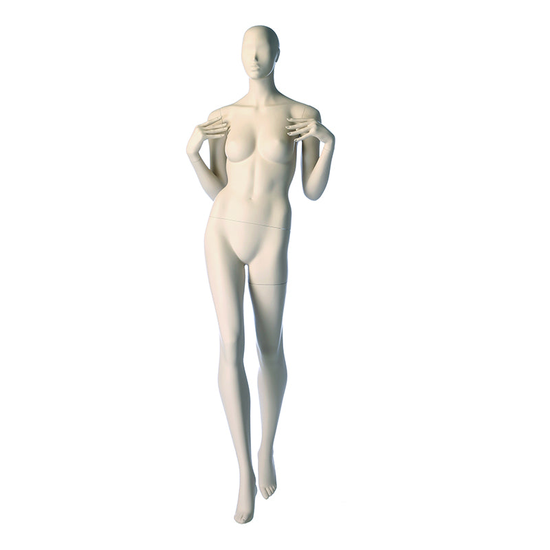 Female mannequin from Darrol in a walking position with both hands on the shoulders. front