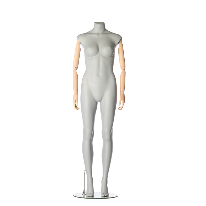 Female mannequin with flexible wooden arms and a relaxed pose from Darrol’s 700 series.