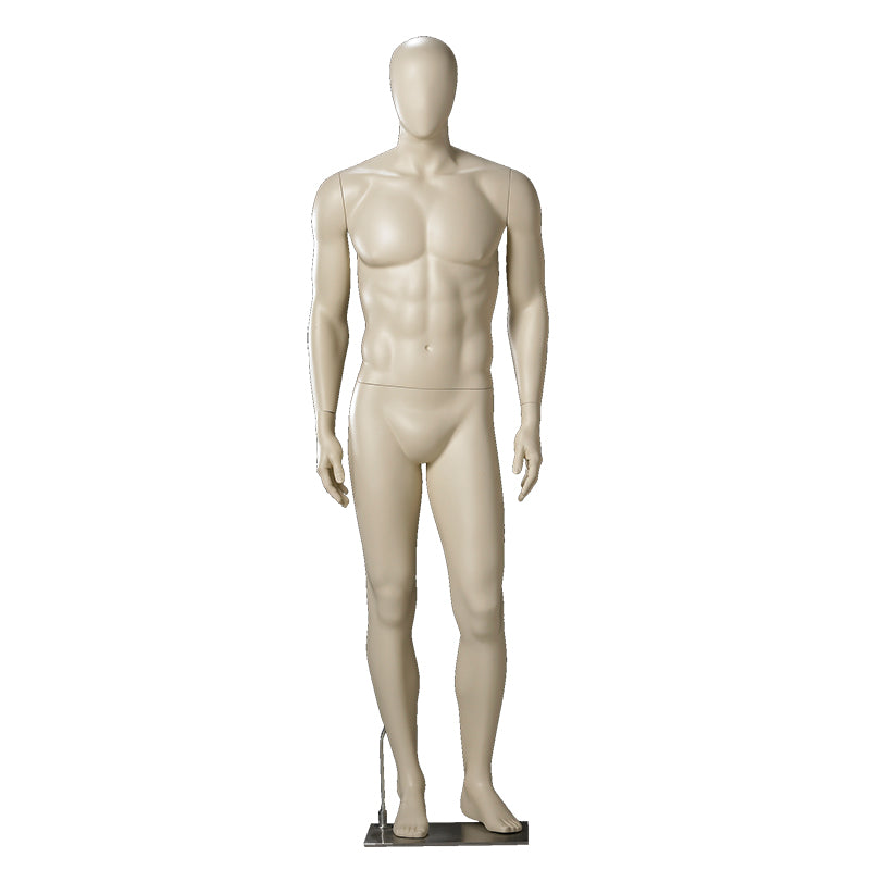 Male mannequin from Darrol in a neutral pose with abstract head and both arms by sides.
