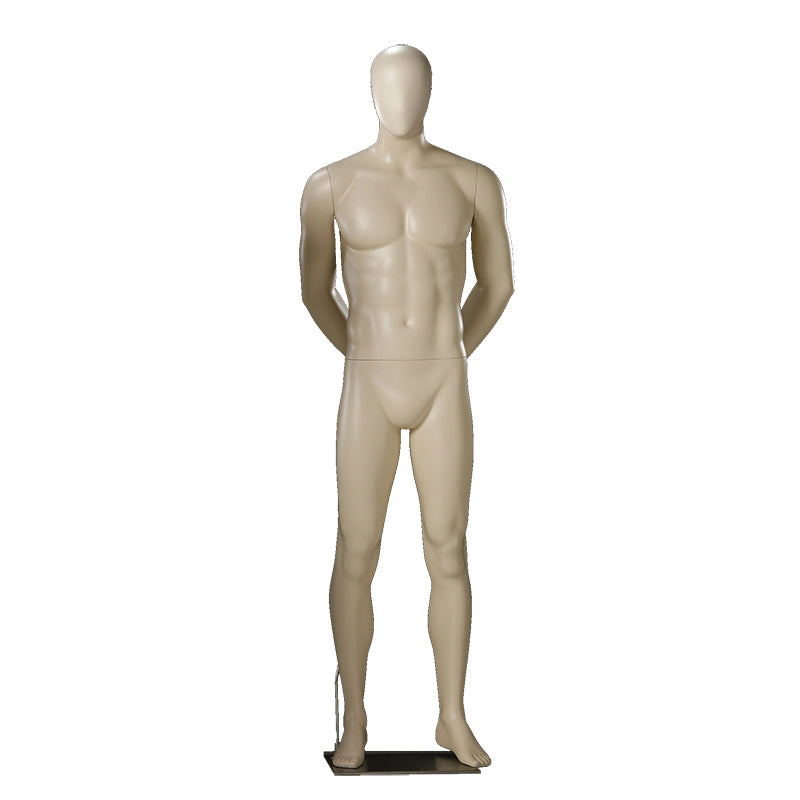 Male mannequin from Darrol in a neutral pose with abstract head and both arms hands behind the back.
