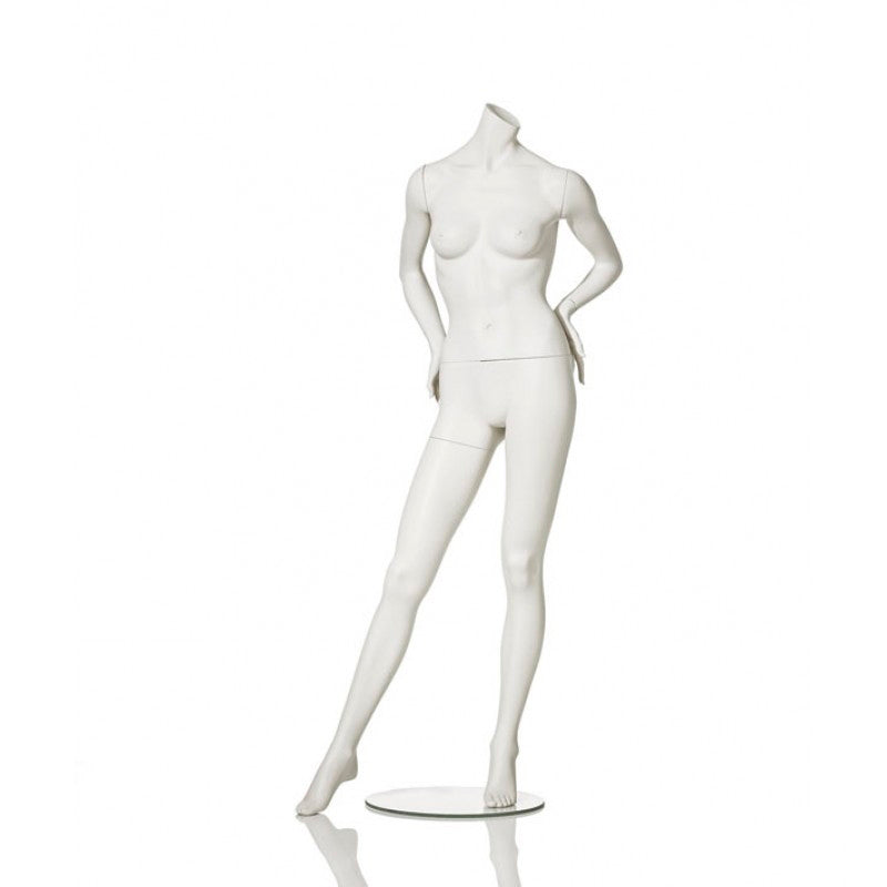 Headless female mannequin from Hindsgaul® with the right leg extended and both hands on the hips.