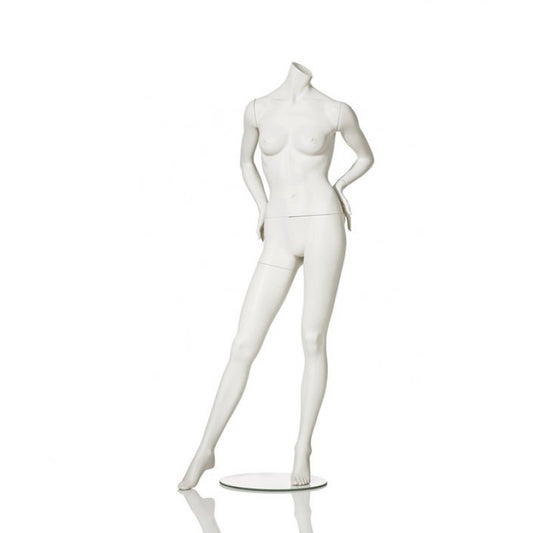 Headless female mannequin from Hindsgaul® with the right leg extended and both hands on the hips.