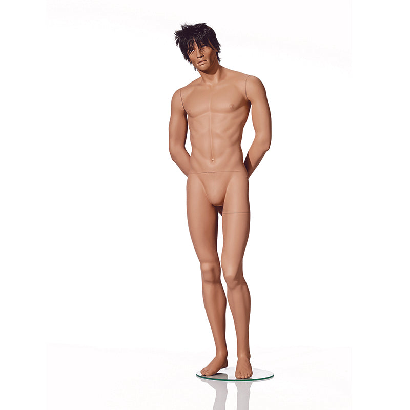 Realistic male mannequin from Hindsgaul® with both hands behind the back.