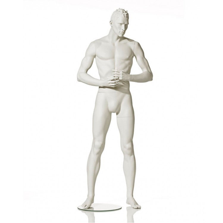 Stylised male mannequin from Hindsgaul® with both hands in front.