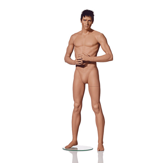 Realistic male mannequin from Hindsgaul® with both hands in front.