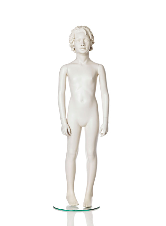Child boy mannequin with a relaxed pose from Hindsgaul®‘s series of child mannequins with stylised face and hair