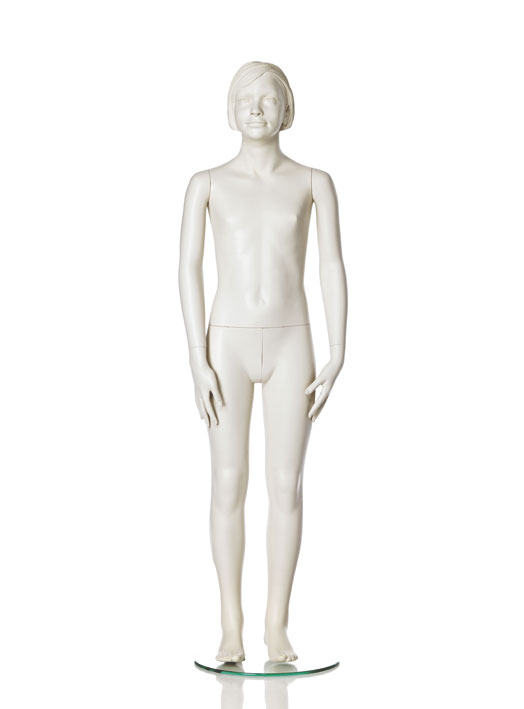 Child female mannequin with a relaxed pose from Hindsgaul®‘s series of child mannequins with stylised face and hair
