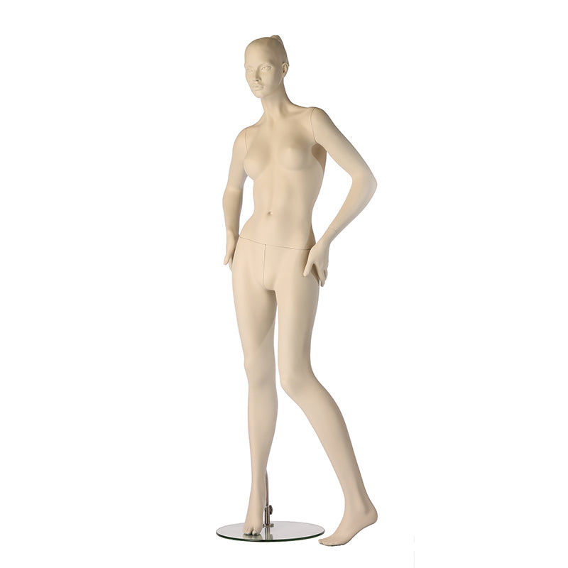 Stylised female mannequin from HINDSGAUL® hands on hips.