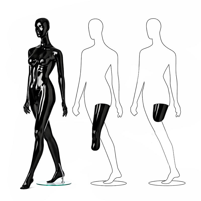 Female mannequin OTW by Hindsgaul – retail display mannequin in Highgloss black walking.