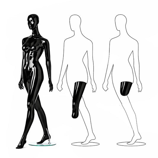 Female mannequin OTW by Hindsgaul – retail display mannequin in Highgloss black walking.